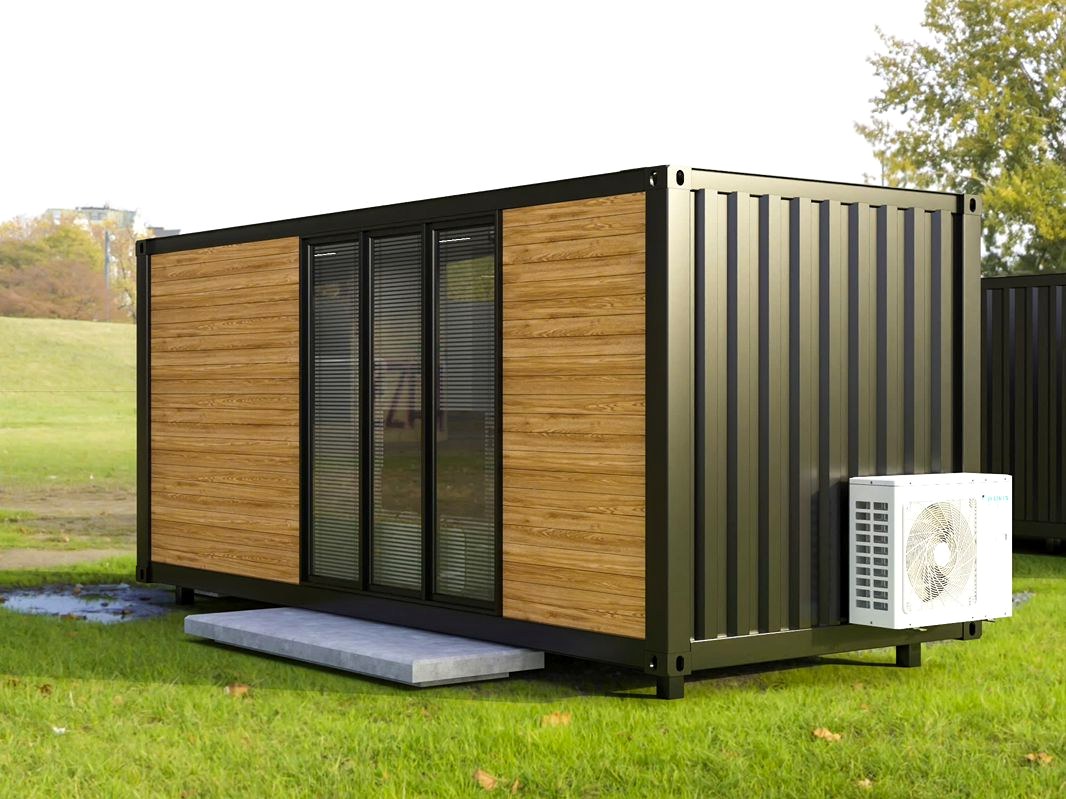 Custom container home with wood facade and glass